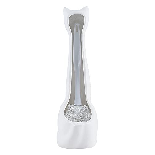 Cat 3-Piece White Ceramic Toilet Brush Holder w/White Plastic Handled Scrub Brush & Soap Dispenser - view 6