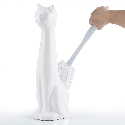 Cat 3-Piece White Ceramic Toilet Brush Holder w/White Plastic Handled Scrub Brush & Soap Dispenser - view 4