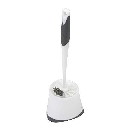 Corner Toilet Bowl Brush with Under Rim Scrubber, Includes Corner Storage Caddy, White