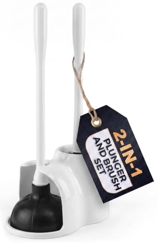 Toilet Plunger and Brush Set with Holder, Nylon Bristles (White)