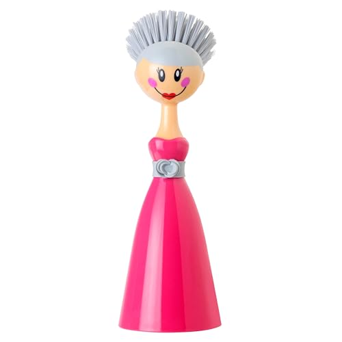 Dolls Dish Brush with Handle and Holder - Dish Scrubber Brush for Dishes and Pans, Kitchen Scrub Brush, Dishwashing Brush for Kitchen Sink Cleaning, Cute Standing Dish Brush Design - Pink, Gray