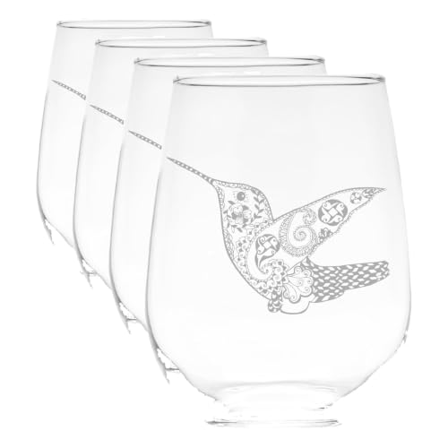 Hummingbird Design 17 oz Stemless Wine Glass, Style H1 (Pack of 4)