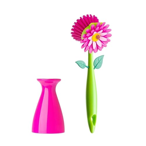 Flower Power Dish Brush with Handle and Vase Holder - Pink - view 2