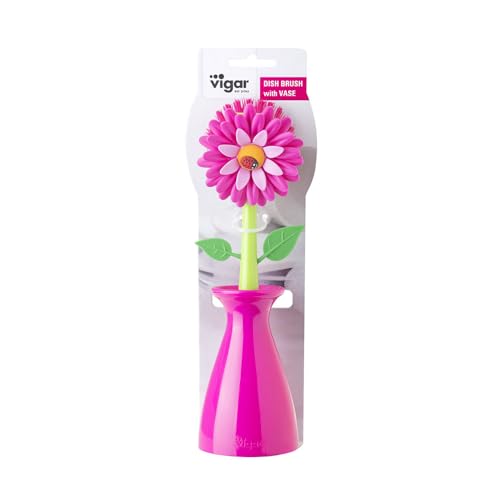 Flower Power Dish Brush with Handle and Vase Holder - Pink - view 4