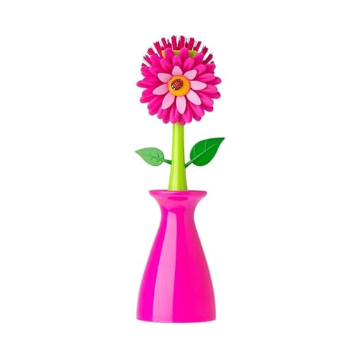 Flower Power Dish Brush with Handle and Vase Holder - Pink
