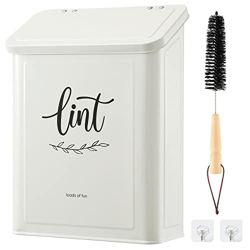 Magnetic Lint Bin for Laundry Room with Lint Brush, Wall Mounted Lint Holder Trash can with lid for Dryer, Modern Farmhouse Rustic Metal Laundry Room Storage Organization and Decor(White)
