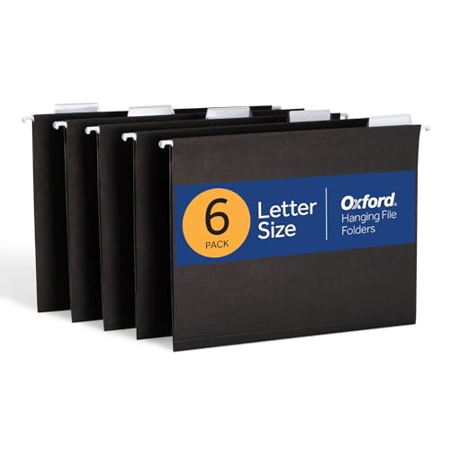 Hanging File Folders, 6 Pack, Letter Size (8.5" x 11"), Black, 1/5 Cut for 5 Tab Positions, Includes Tabs and Inserts, Hanging Files for Office and Document Organization