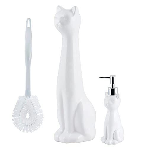 Cat 3-Piece White Ceramic Toilet Brush Holder w/White Plastic Handled Scrub Brush & Soap Dispenser