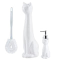 Cat 3-Piece White Ceramic Toilet Brush Holder w/White Plastic Handled Scrub Brush & Soap Dispenser