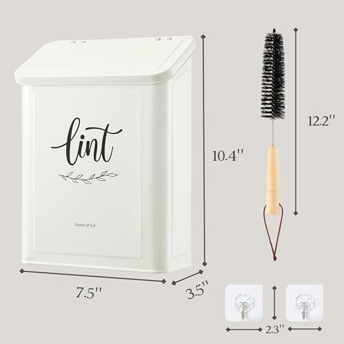Magnetic Lint Bin for Laundry Room with Lint Brush, Wall Mounted Lint Holder Trash can with lid for Dryer, Modern Farmhouse Rustic Metal Laundry Room Storage Organization and Decor(White) - view 3