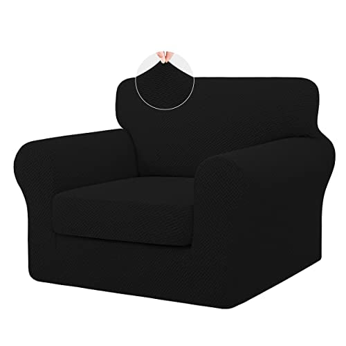 2 Pieces High Stretch Thicken Chair Couch Covers, Soft Sofa Slipcover for 1 Separate Cushion Couch, Jacquard Fabric Elastic Sofa Cover Furniture Protector for Dogs (Chair, Black)