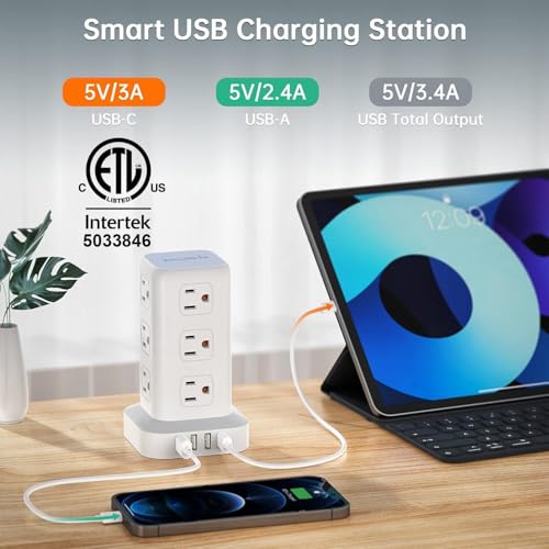 6.5Ft Power Strip Tower with 12 Widely Outlets & 4 USB Ports - view 2