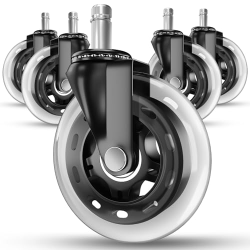 Office Chair Caster Wheels Set of 5 - Smooth 3 inch Heavy-Duty Replacement Rubber Wheels for Gaming & Desk Chair - Easy to Install, Suitable for Hardwood Floors, Carpet, Tiles (Clear)