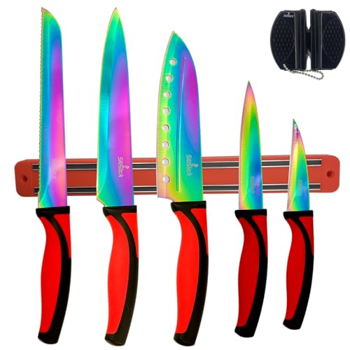 Kitchen Knife Set, 5 Blades, Red Handle | Red Rack
