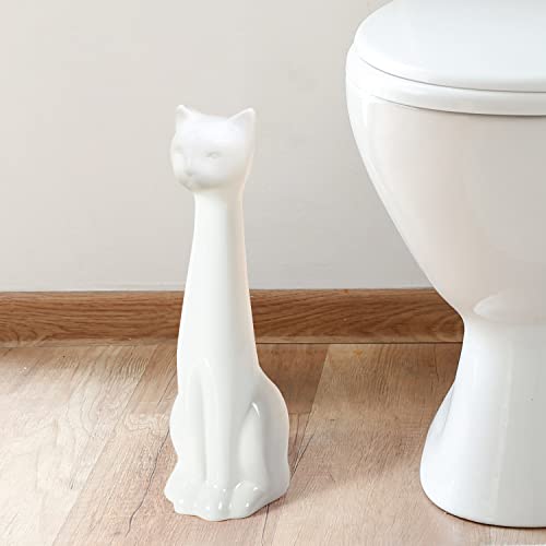Cat 3-Piece White Ceramic Toilet Brush Holder w/White Plastic Handled Scrub Brush & Soap Dispenser - view 3