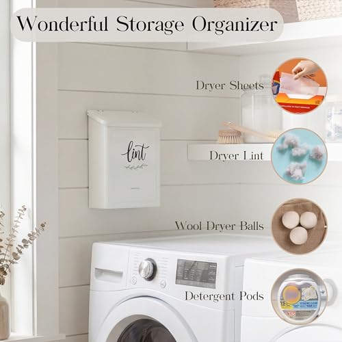 Magnetic Lint Bin for Laundry Room with Lint Brush, Wall Mounted Lint Holder Trash can with lid for Dryer, Modern Farmhouse Rustic Metal Laundry Room Storage Organization and Decor(White) - view 2