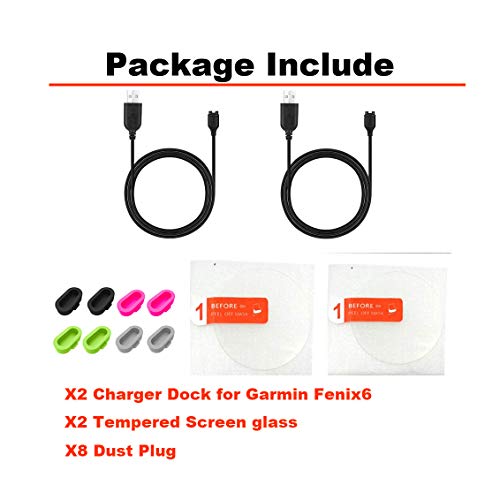 2Pack for Garmin Fenix 6/6 Pro/ 6 Sapphire/6 Solar Charging Sync Data Cable and 2Pcs Free HD Tempered Glass Screen Protector and 8pcs Color Charger Port Protector for Smart Watch - view 2