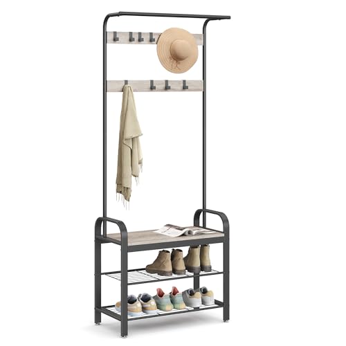 Coat Rack, Hall Tree with Shoe Bench, 4-in-1, 9 Removable Hooks