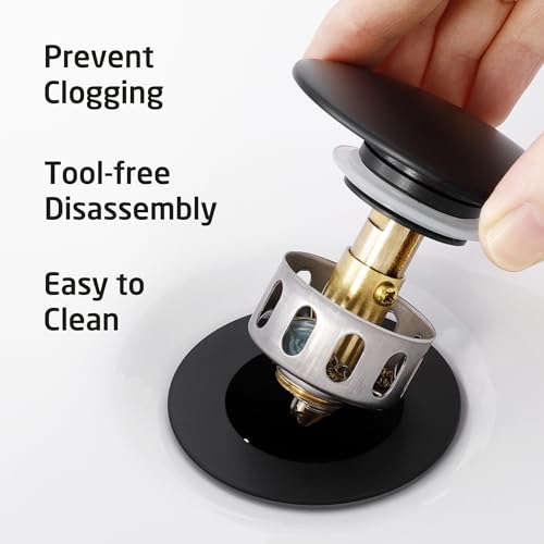 All Metal Bathroom Sink Drain with Strainer Basket Hair Catcher Anti Clog Pop Up Drain Stopper for Lavatory Vanity Vessel Sink with Overflow, Rustproof 18/8 Stainless Steel Matte Black S2013A-BK - view 5