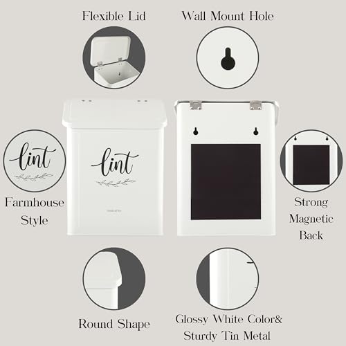 Magnetic Lint Bin for Laundry Room with Lint Brush, Wall Mounted Lint Holder Trash can with lid for Dryer, Modern Farmhouse Rustic Metal Laundry Room Storage Organization and Decor(White) - view 6