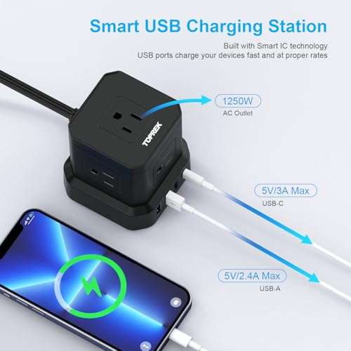 Power Strip Surge Protector (700J), 10 FT Flat Extension Cord with 5 Outlets, 2 USB-C & 2 USB-A, Power Strip with USB for Home, Office, Dorm, Hotel, Travel, Compact Desk Charging Station - view 3