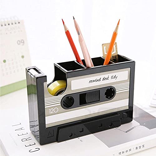 Creative Adhesive Tape Pen Holder Case, Retro Cassette Tape Dispenser Vase Brush Pot, Popular Pencil Desk Collection Tidy Organizer, Office Stationery Storage Container- Unique Gift (Gray) - view 5