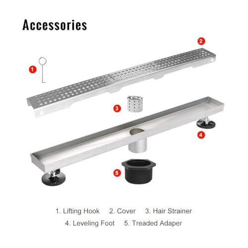 24 inch Linear Shower Drain with Removable Square Hole Panel by Using Brushed 304 Stainless Steel Process, Linear Drain Equipped with Adjustable Feet and Hair Strainer - view 5