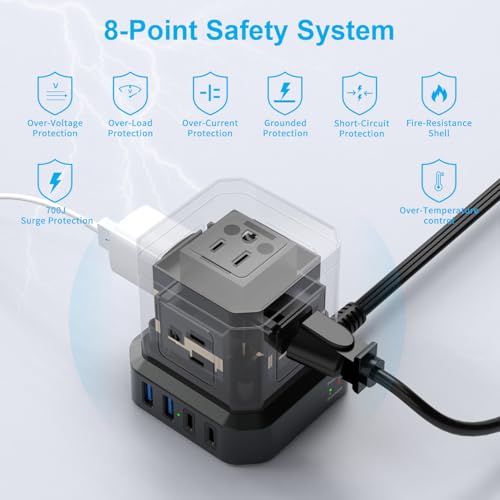 Power Strip Surge Protector (700J), 10 FT Flat Extension Cord with 5 Outlets, 2 USB-C & 2 USB-A, Power Strip with USB for Home, Office, Dorm, Hotel, Travel, Compact Desk Charging Station - view 5