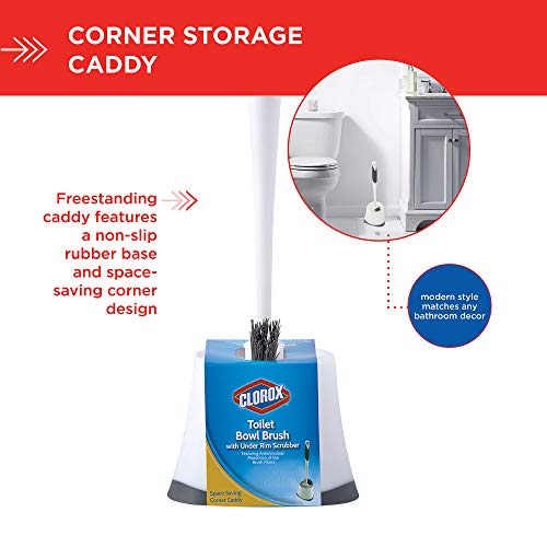 Corner Toilet Bowl Brush with Under Rim Scrubber, Includes Corner Storage Caddy, White - view 6