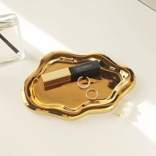 Jewelry Dish Trinket Tray for Women, Ring Dish Holder, Unique Cloud Shape Ceramic Plate Cute Things Vanity Aesthetic Room Decor Mother's Day Birthday (Gold) - view 3