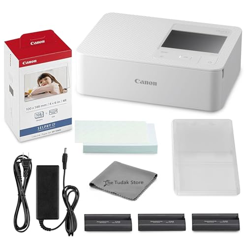 Selphy CP1500 Photo Printer Bundle (White) with KP-108 Paper (108 Sheets) 3 Color Ink Cartridges & Tudak Cleaning Cloth – Wireless Compact Dye-Sub Printer Kit