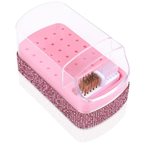 2 in 1 Nail Drill Bits Holder Case Rhinestone with Efile Tip Cleaning Brush