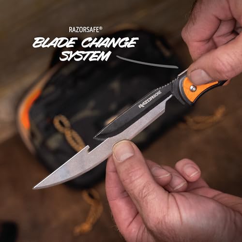 RazorBone Replaceable Blade Folding Hunting Knife with Clip & Sheath, 3 Butcher Knife Blade Styles - Boning, Gutting, & Skinning Knives. Blaze Orange, Camo Sheath, 6 Blades & Blade Box - view 3