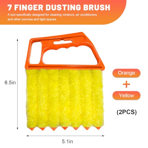 2 PCS Blind Cleaner Duster Tool, 7-Finger Auto Dusting Cleaner Brush with Ergonomic Handle, Handheld Mini Duster Brush for Window Shutters Air Conditioner, Car Accessories (Orange+Yellow) - view 2