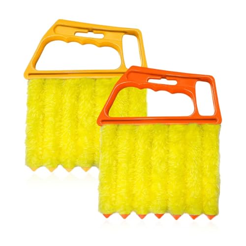 2 PCS Blind Cleaner Duster Tool, 7-Finger Auto Dusting Cleaner Brush with Ergonomic Handle, Handheld Mini Duster Brush for Window Shutters Air Conditioner, Car Accessories (Orange+Yellow)