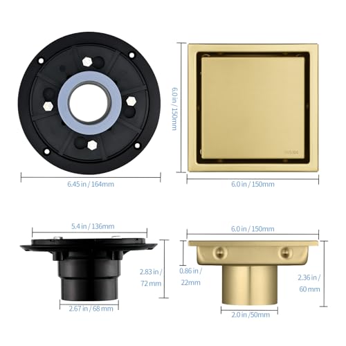 4‑Inch Square Shower Floor Drain, Brushed Gold, Tile‑Insert Cover Panel - view 2