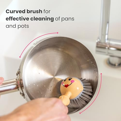 Dolls Dish Brush with Handle and Holder - Dish Scrubber Brush for Dishes and Pans, Kitchen Scrub Brush, Dishwashing Brush for Kitchen Sink Cleaning, Cute Standing Dish Brush Design - Pink, Gray - view 5