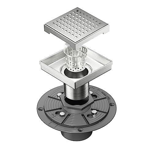 4-Inch Brushed Square Shower Drain with Quadrato Pattern Grate
