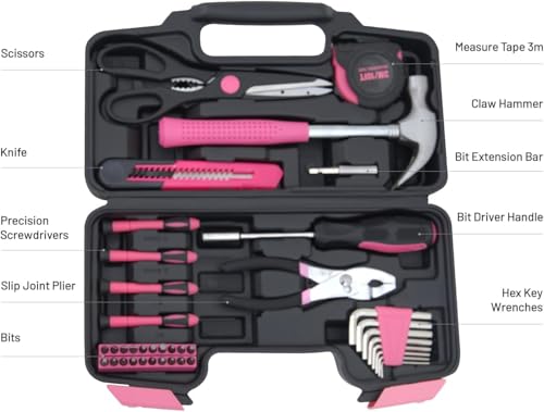 39-Piece Household Tools Kit - Portable and Essential Repair Set Ideal for Women, College Students, Home Use & More (39p-Pink) - view 4