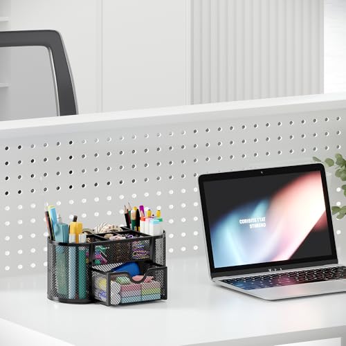 Mesh Pen Holder Desk Organizer with Drawer Stationery Supplies Organizer for Dorm School 9 Compartments Workspace Desk Accessories Organization for Office, Black - view 6
