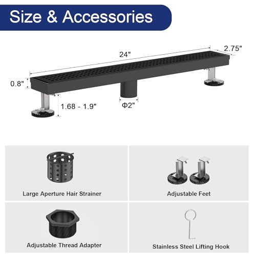 24 Inch Linear Shower Drain - Matte Black, with Removable Grate - view 2