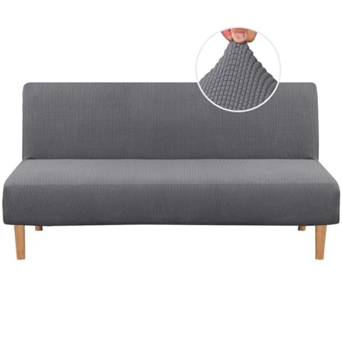 Armless Futon Cover Stretch Sofa Bed Slipcover Protector Elastic Feature Rich Textured High Spandex Small Checks Jacquard Fabric Futon Cover, Machine Washable, Gray