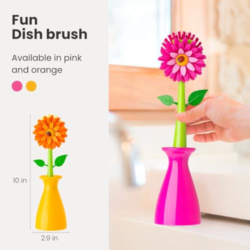 Flower Power Dish Brush with Handle and Vase Holder - Pink - view 3