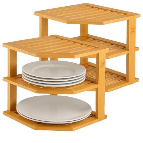 2 Pack Plate Organizer for Cabinet, 3-Tier Bamboo Corner Shelf Rise