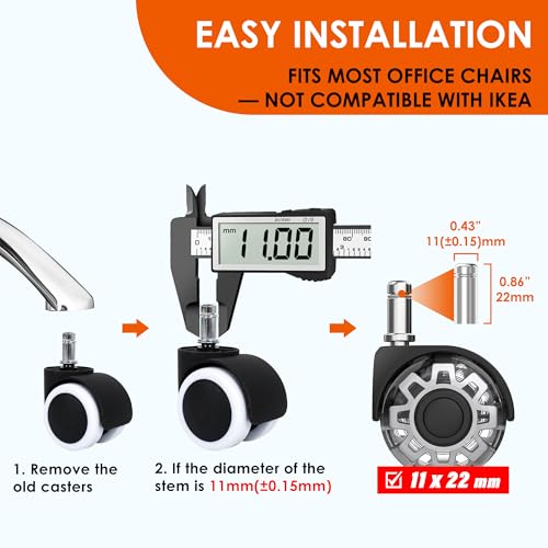 Office Chair Wheels, Rubber Replacement Caster Heavy Duty Wheels for Computer Desk Chair to Replace Office Chair mats, Protect Hardwood Floors and Carpet, Set of 5 Silver - view 3