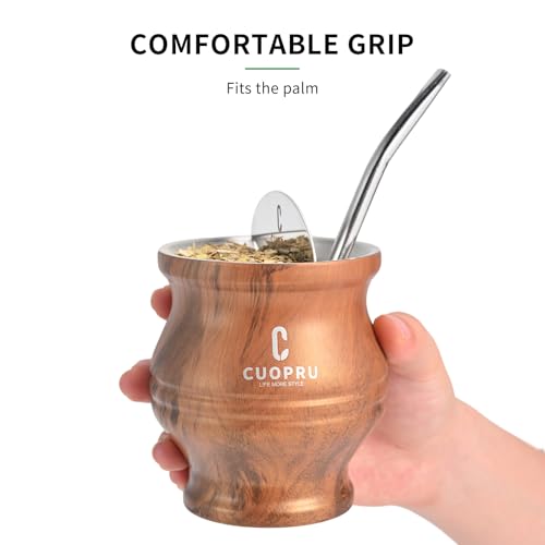Yerba Mate Cup - Mate Gourd Set Includes Double Walled Stainless Steel Tea Cup, Tea Shaper set, Bombilla Straws, Cleaning Brush (Wood Grain) - view 5