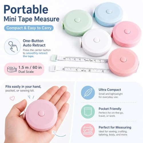 LsFind, Measuring Gadget 3-Piece Set 1.5m Round Plastic Ruler Automatic Retractable Tape Measure Household Mini Dual-Scale Metric/Imperial Measuring Tape (Blue+Green+Pink) - view 3