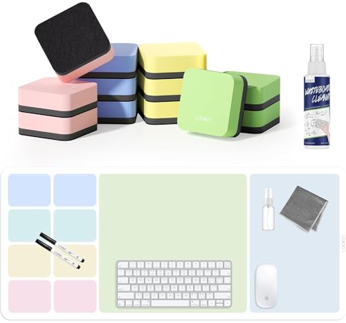 Dry Erase Desk Mat Bundle | 32"x14" Dry Erase Desk Mat, Includes 2 Wet Erase Markers & 1 Cleaning Cloth + Mini Magnetic Dry Erase Eraser 12 Pack