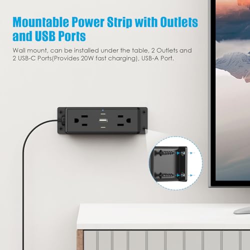Wall Mount Power Strip with USB Ports, Under Desk Mountable Power Strip with Outlets, 4FT Flat Plug Extension Cord Outlet, 20W USB-C Ports. - view 2
