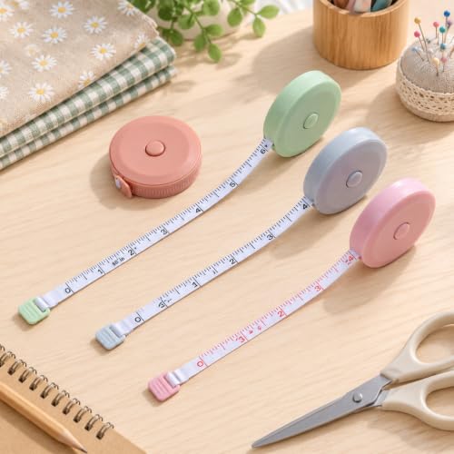 LsFind, Measuring Gadget 3-Piece Set 1.5m Round Plastic Ruler Automatic Retractable Tape Measure Household Mini Dual-Scale Metric/Imperial Measuring Tape (Blue+Green+Pink)